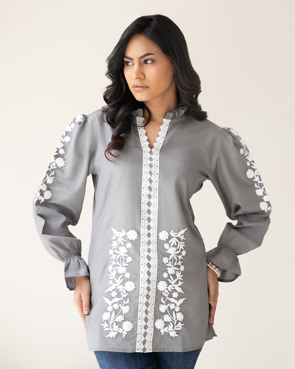 Women's Silk Gray Tunic with White Floral Embroidery