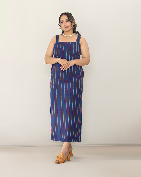 Women's Navy Blue and Red Striped Linen Midi Dress