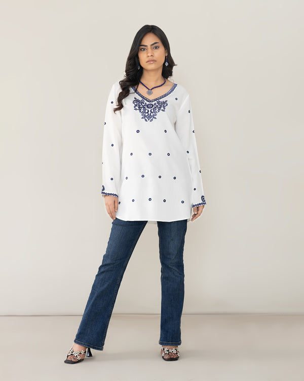 Elegant White Long Sleeve Embroidered Tunic for Women
