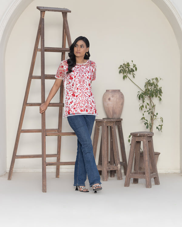 Chic Floral Embroidered Net Shirt in Red and White - Elegant Summer Wear