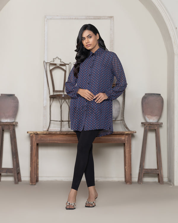 Chic Navy Blue Heart Print Shirt with Elegant Button Detail