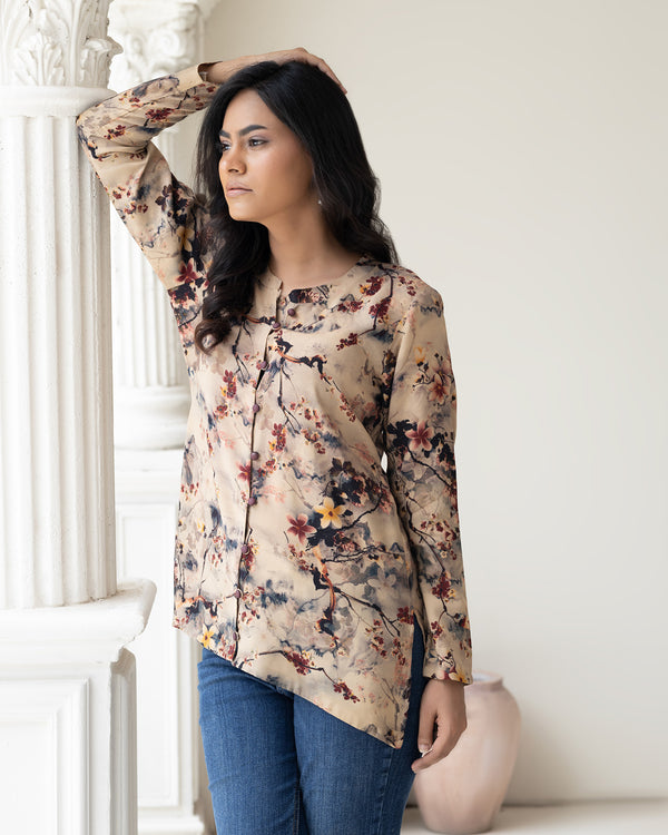 Chic Autumn Floral Print Long Sleeve Blouse for Women