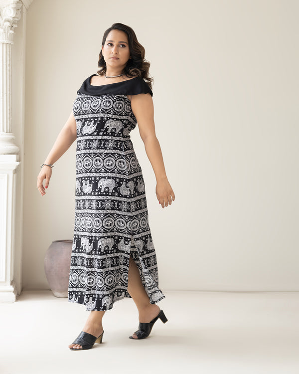 Chic Black & White Elephant Print Maxi Dress - Women's Summer Bohemian Dress