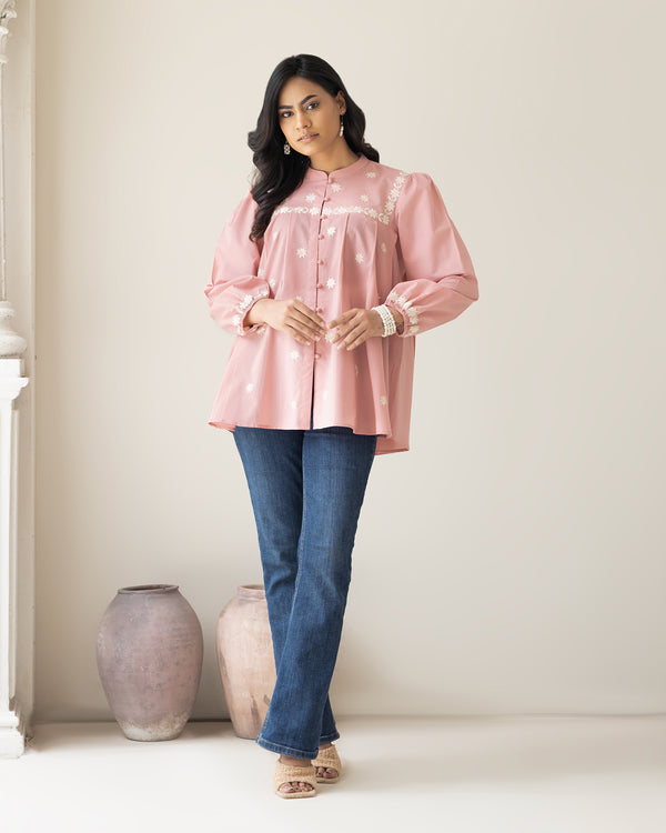 Elegant Pink Embroidered Puff Sleeve Women's Shirt - Casual & Chic