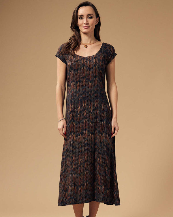 Short-Sleeved Printed Brown Linen Long Dress