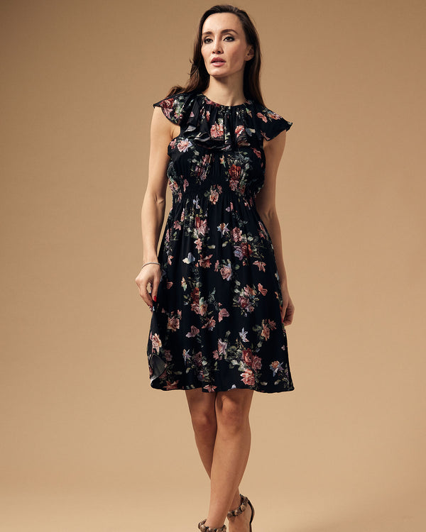 Linen Dress with Floral Pattern and Yoke Neckline