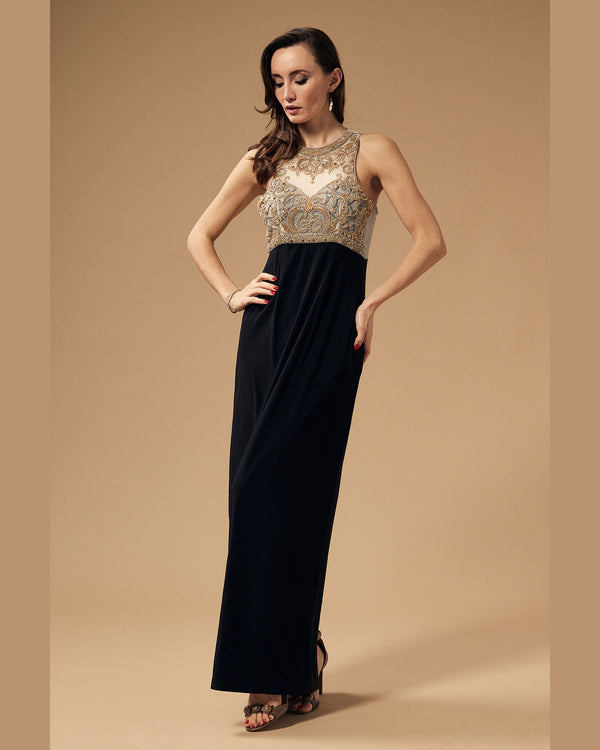 Hand Embroidered Gold And Black Long Jersey Dress